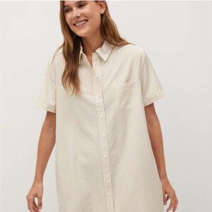 MANGO Tan & White Striped Button Down Shirt Dress | Midi | Short Rolled Sleeve